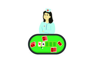 Nurse Frowning at Poker Table with Cards on Table